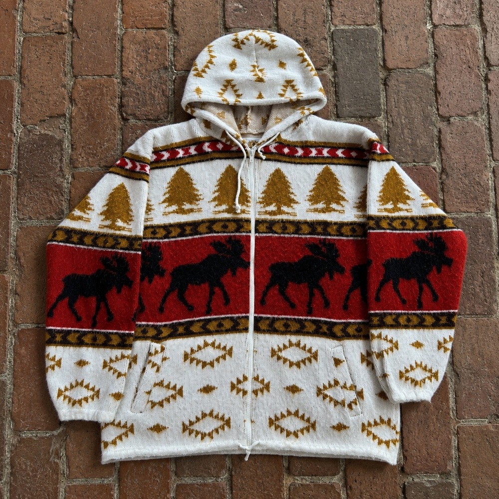 Vintage Earth Ragz Mens Full Zip Hooded Sweater Moose Southwestern Aztec L/XL‎